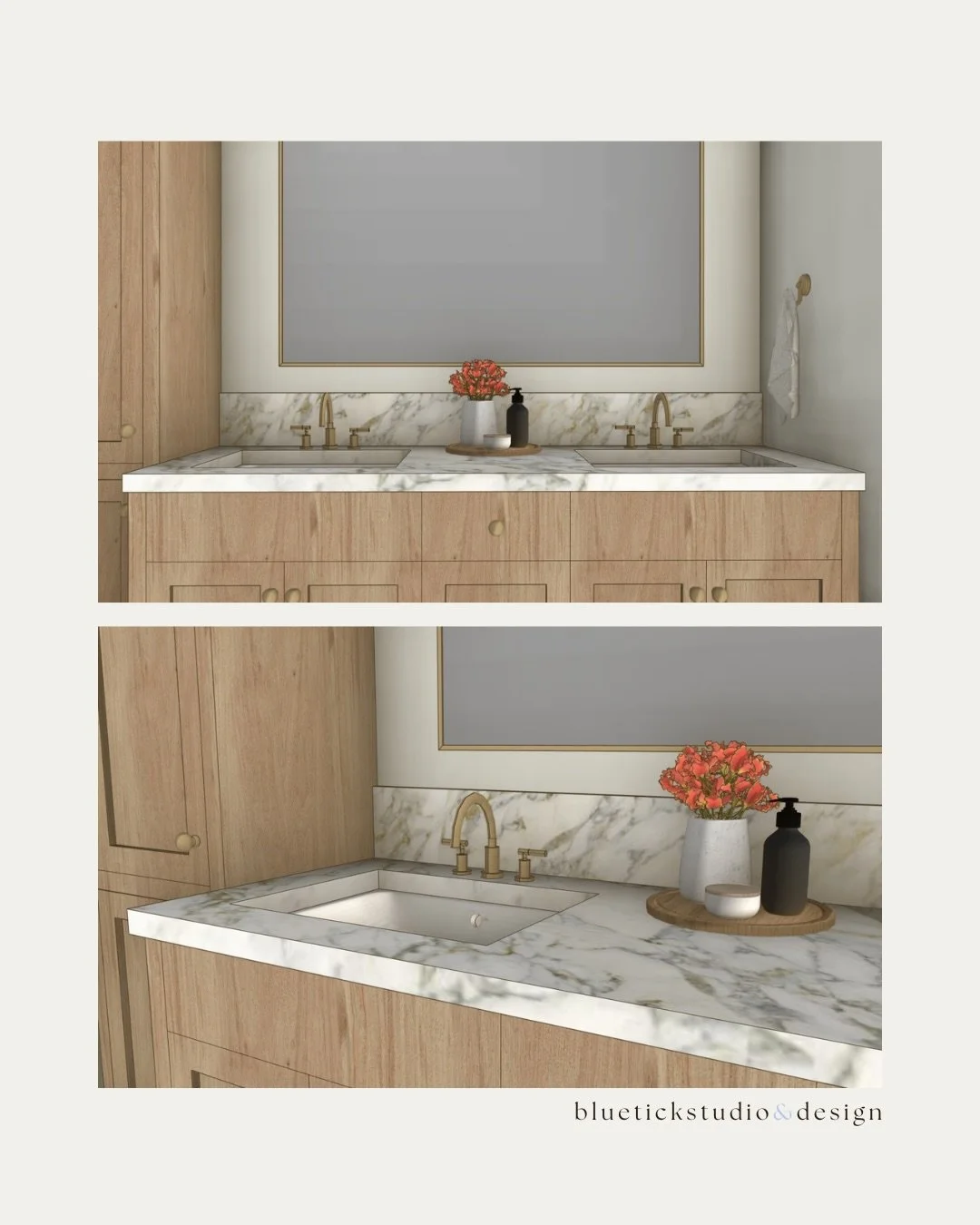 Things have been off the walls, but excited to share some of the projects I have been working on!💕🏡

These bathroom renderings were for a lovely client this past spring! The beautiful tile and warm wood vanity with the brass looked absolutely stunn