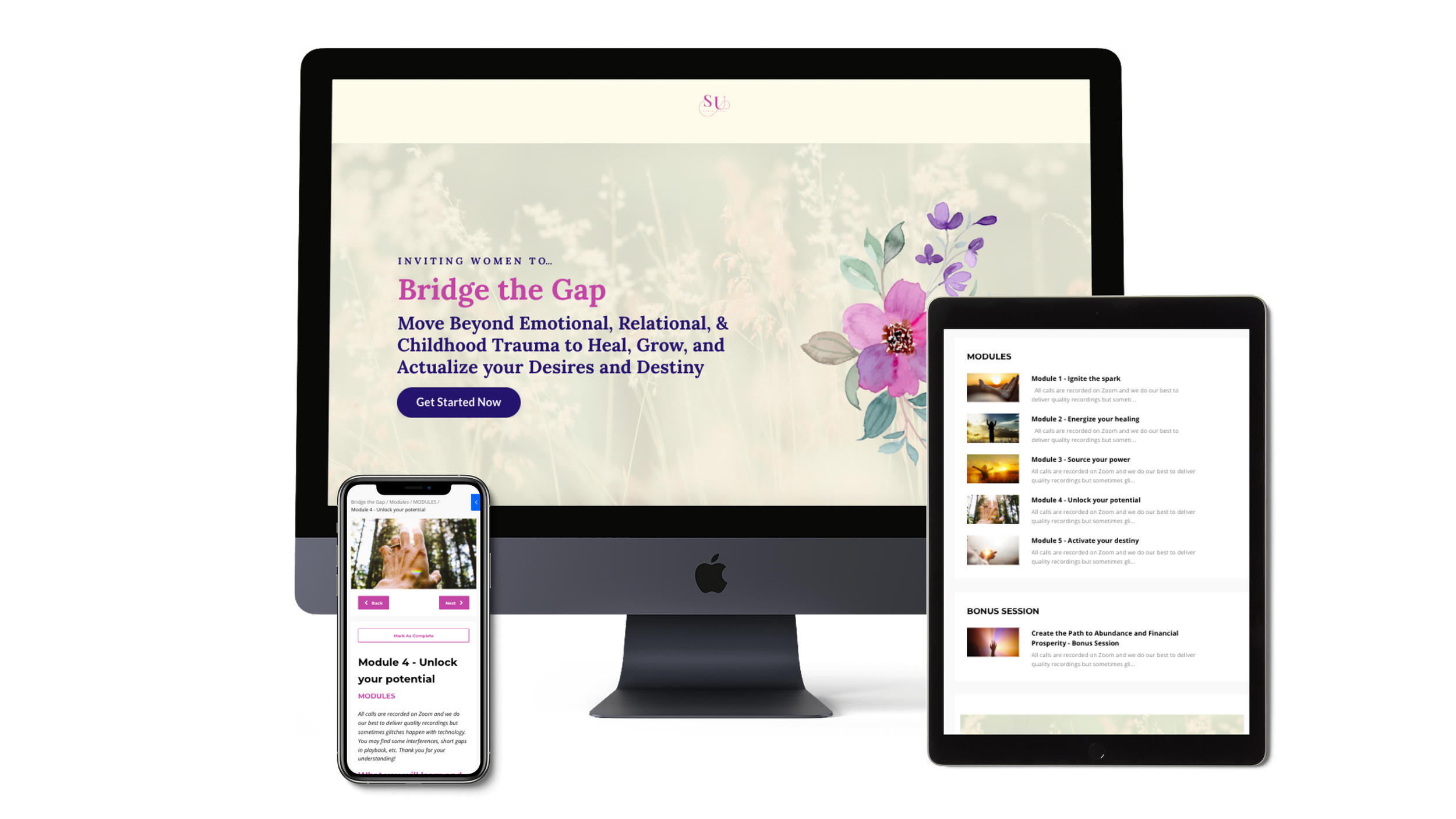 Composition of Desktop, Tablet and Mobile showing the website designed with Kajabi