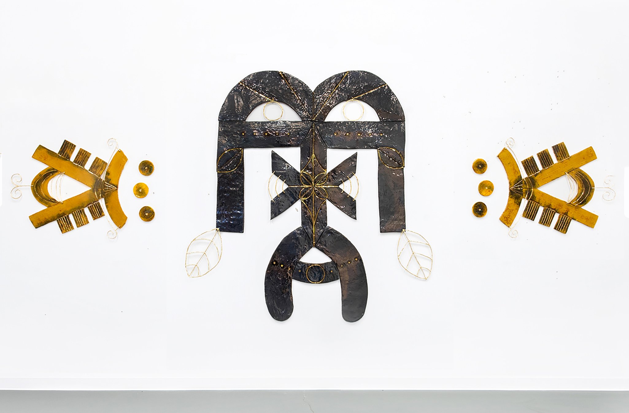 "Monday/Wednesday", 2024, 60x108in., glazed stoneware, luster, plastic and 24k gold leaf