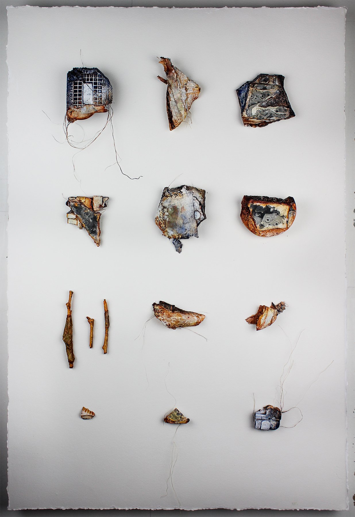 "Assemblage #3" - 2018, cement, copper, wood, fibers, paper and acrylic on paper, 36x24in.