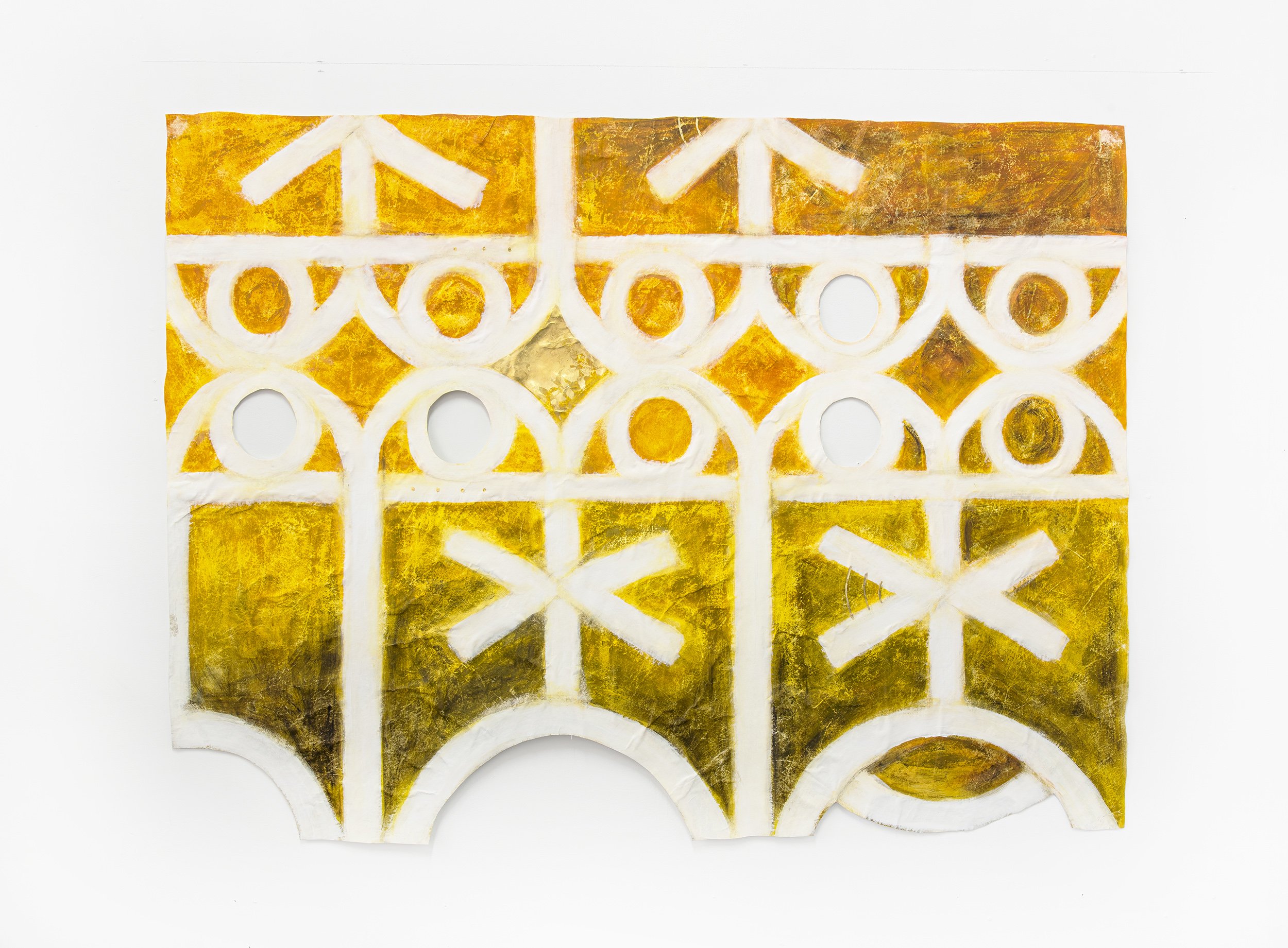 "Triclinium East", 2025, 45x60in., egg tempera and 24k gold leaf on tyvek