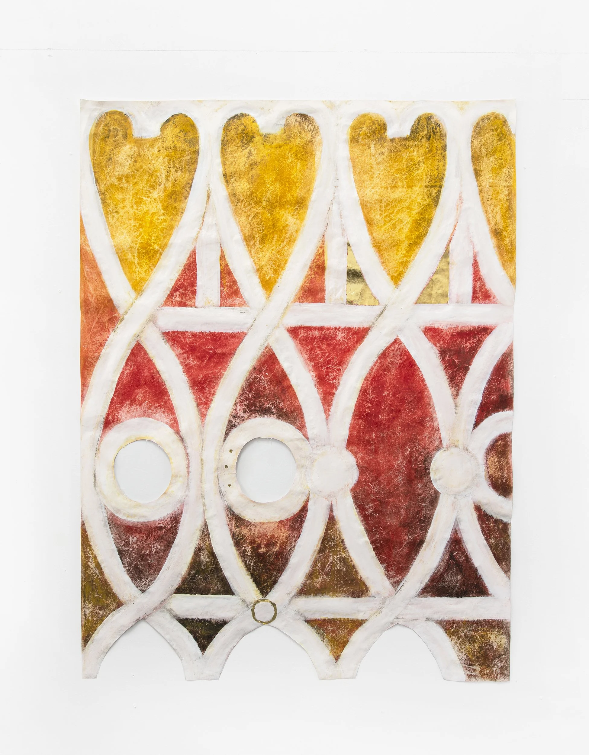 "Sitting Room East", 2025, 48x36in., egg tempera and 24k gold leaf on tyvek