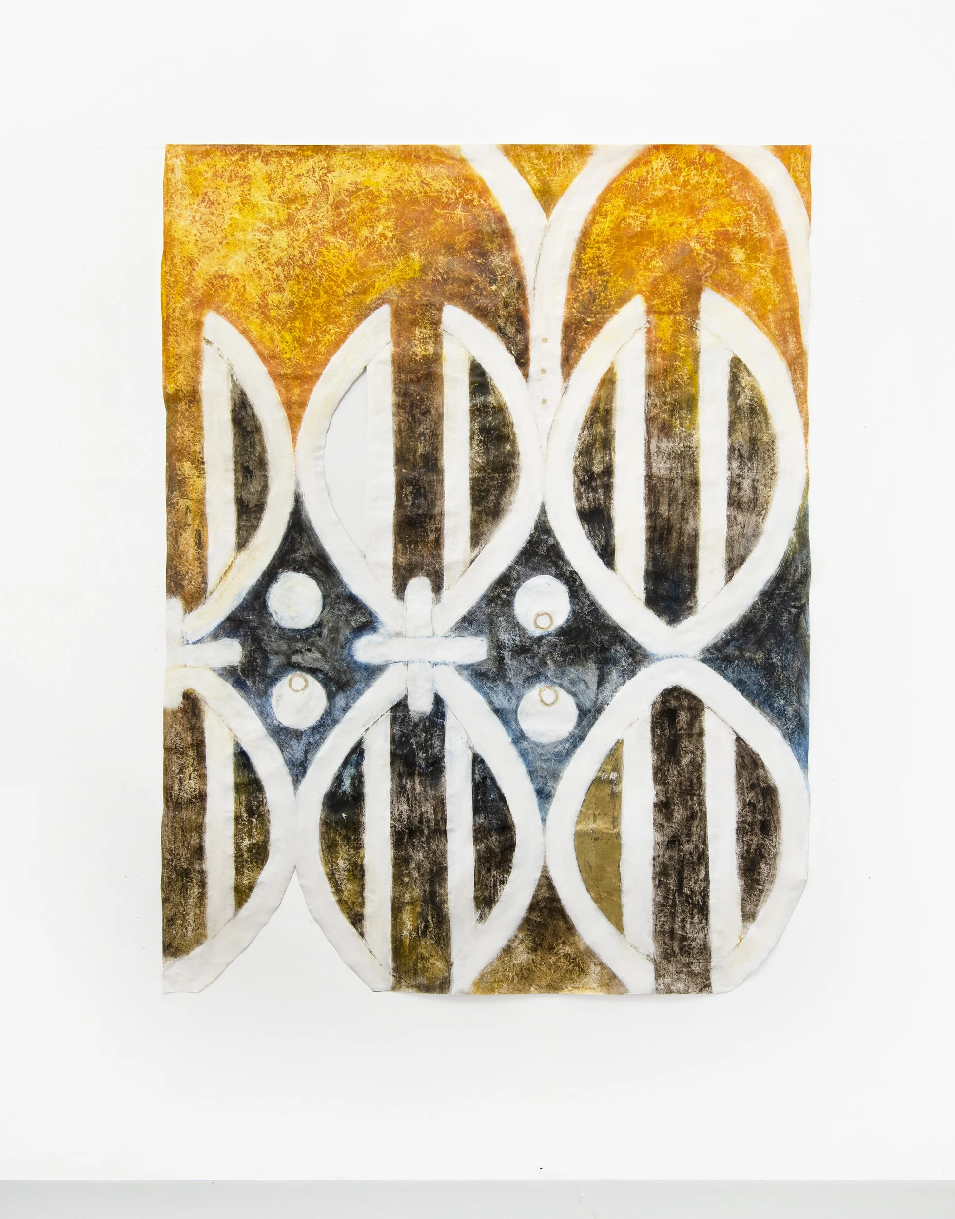 "Triclinium West", 2025, 60x48in., egg tempera and 24k gold leaf on tyvek