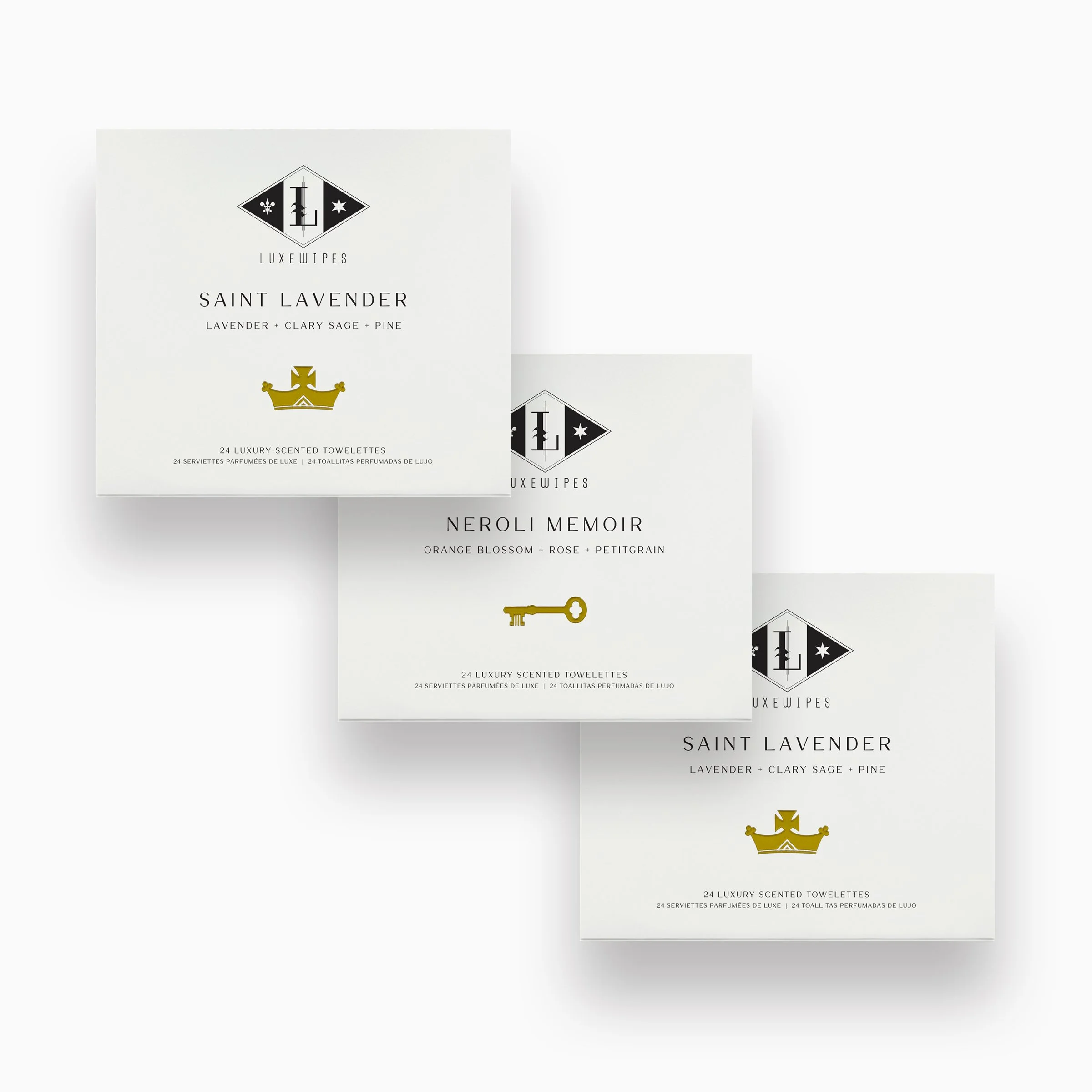 Front view of LUXEWIPES Saint Lavender, Neroli Memoir, and Saint Lavender boxes, each with 24 individually wrapped oxford-woven cotton moist towelettes, perfect for upscale gifting and self-care.