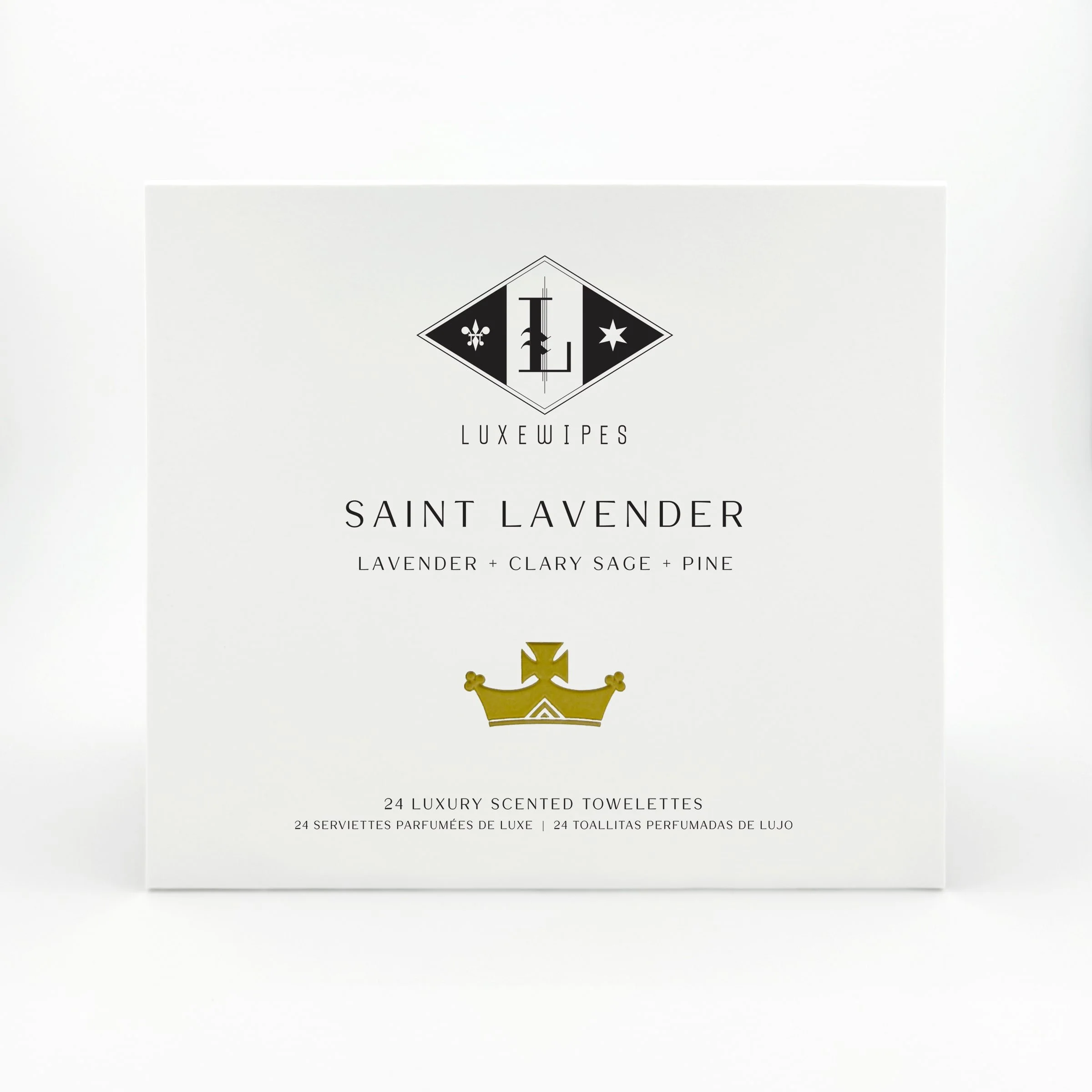 A front view of the LUXEWIPES Saint Lavender box, available as a premium scent choice within the build-your-own Fragrance Palette Duo set.