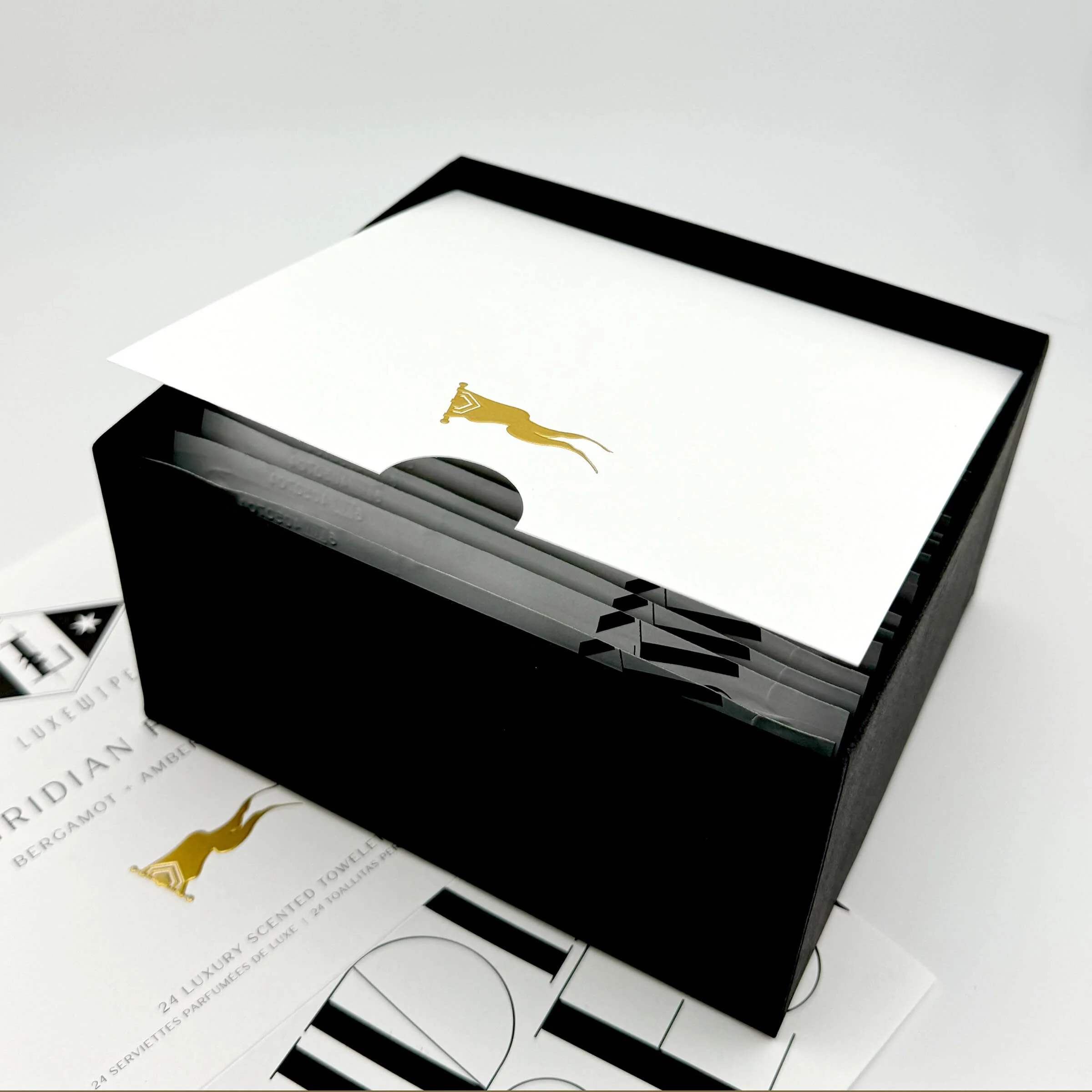 An open Viridian Forest box on the LUXEWIPES Fragrance Palette Duo page, highlighting the luxurious gold foil cardstock and customizable message space available for your curated gift set.