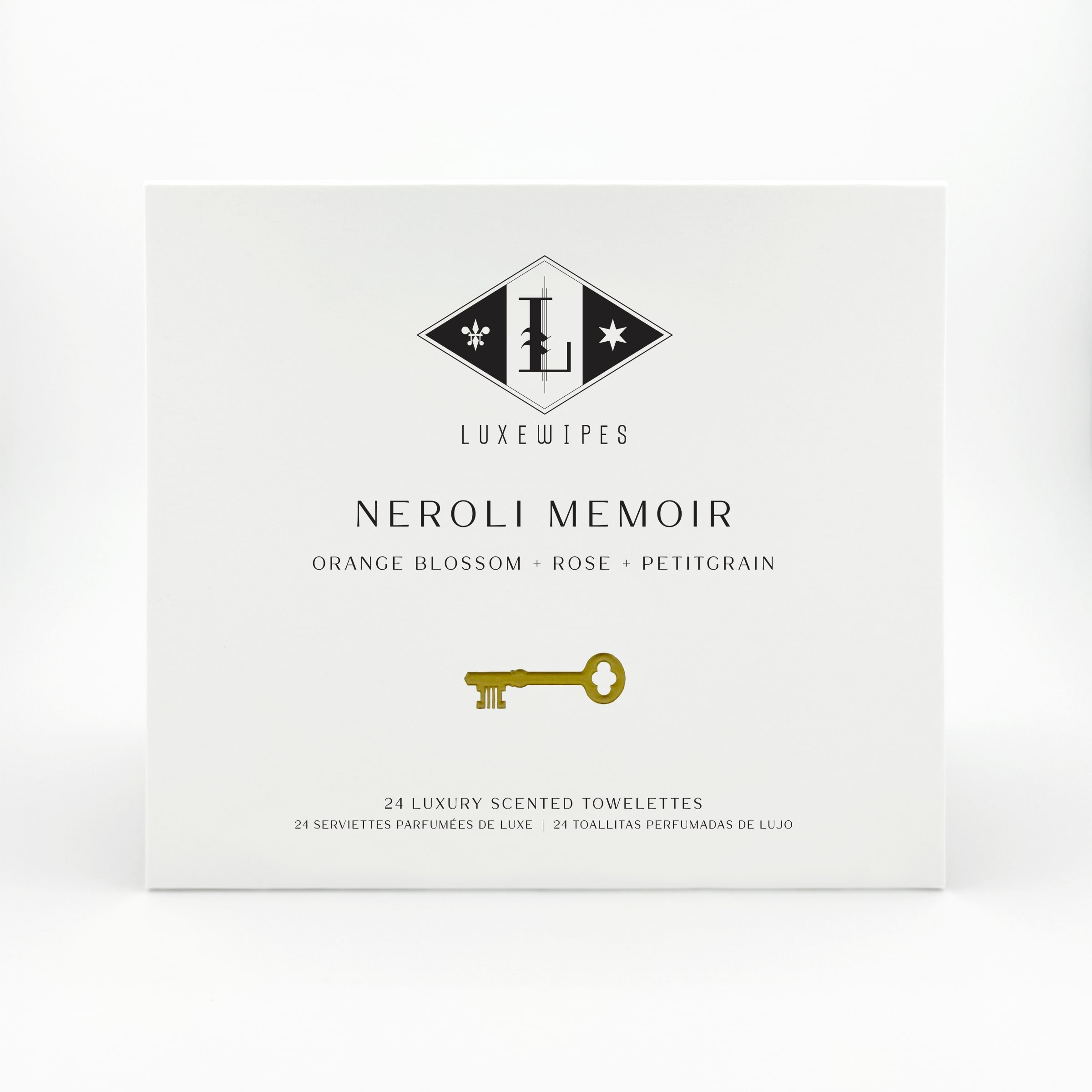 A front view of the LUXEWIPES Neroli Memoir box, showcasing a bright fragrance option you can select for your custom Fragrance Palette Duo.