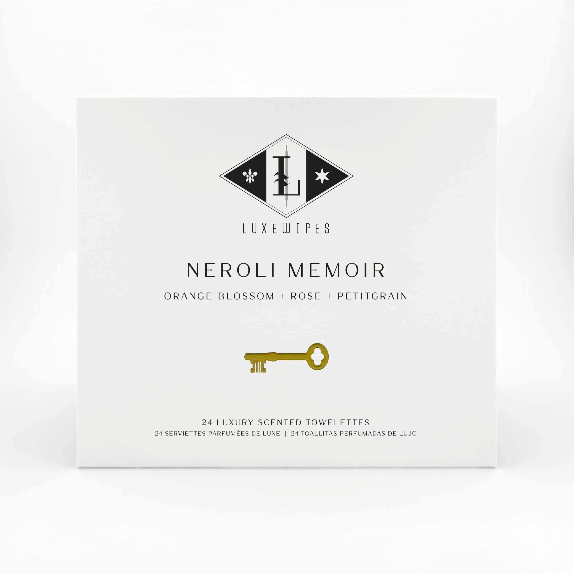 A front view of the LUXEWIPES Neroli Memoir box, showcasing a premium fragrance option to complete your custom Fragrance Palette Trio flight.