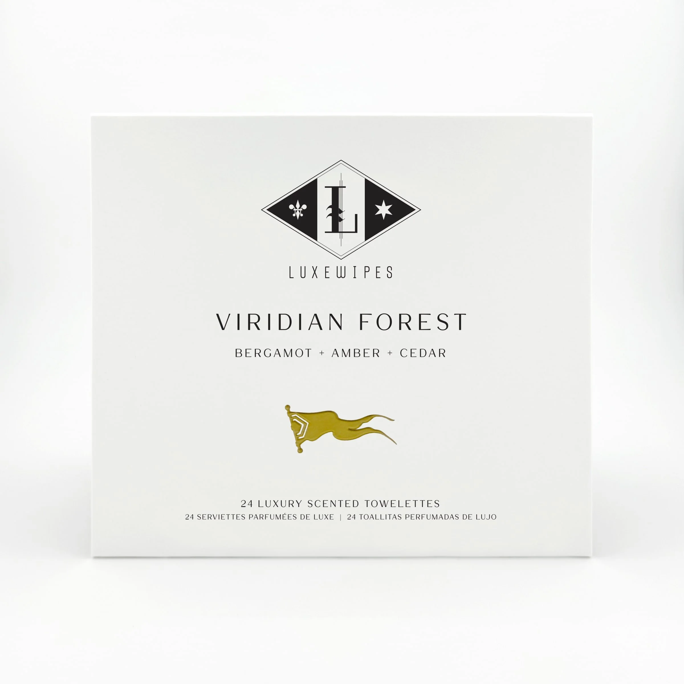 A front view of the LUXEWIPES Viridian Forest box, featured as a customizable 100% cotton scented wet wipe option inside the luxury Fragrance Palette Duo collection.