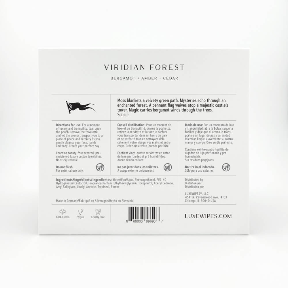 Viridian Forest, Bergamot, Amber and Cedar, Luxewipes, Luxe Wipes, Luxury Towelettes, Luxury Wipes, Beautiful Gift, Hostess Gift, Host Gift, Perfect Gift, Cotton, Biodegradable, Individually wrapped
