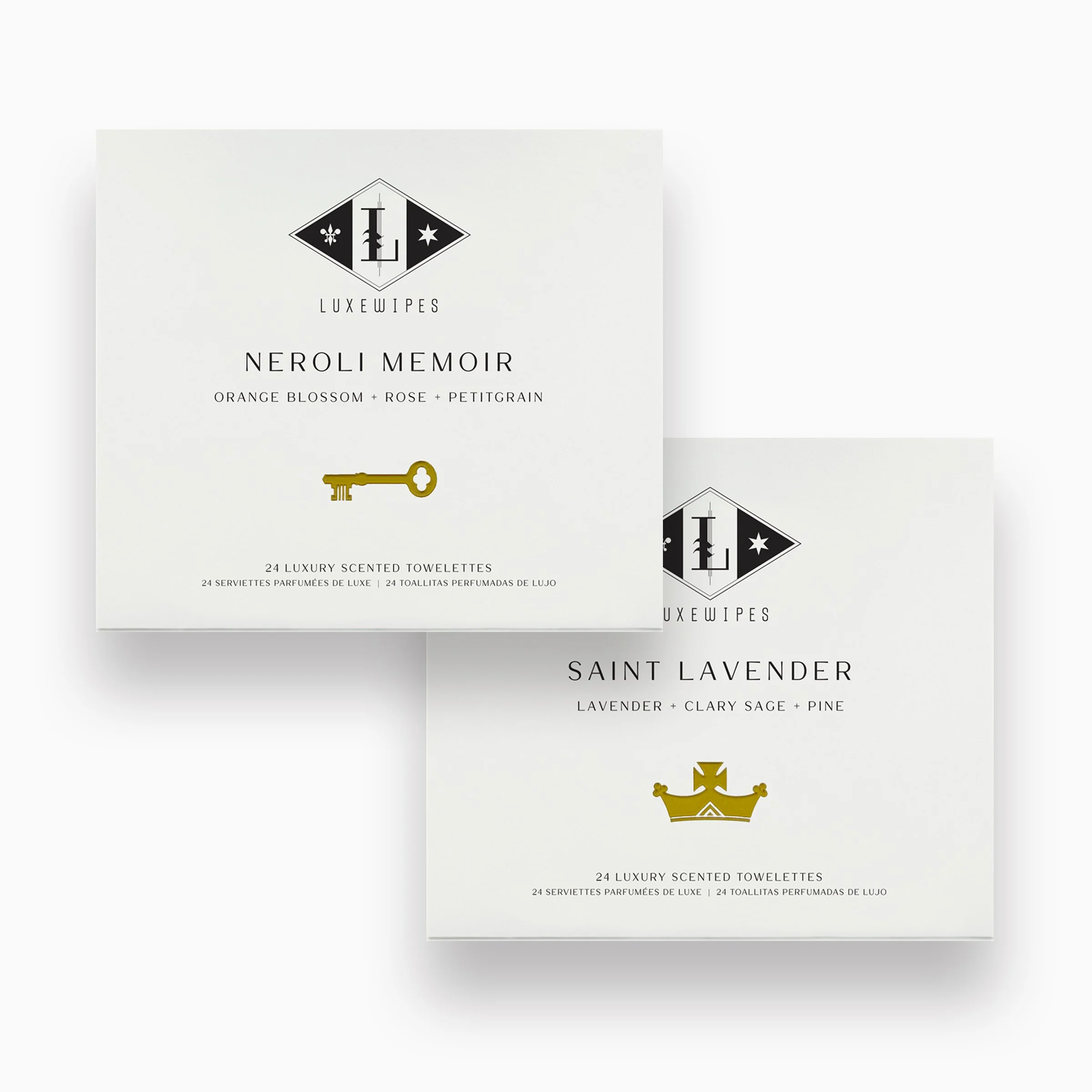Front view of LUXEWIPES Neroli Memoir box on top and Saint Lavender on bottom. Each box contains 24 individually wrapped oxford-woven, wet cleansing towelettes, perfect for elegant self-care.