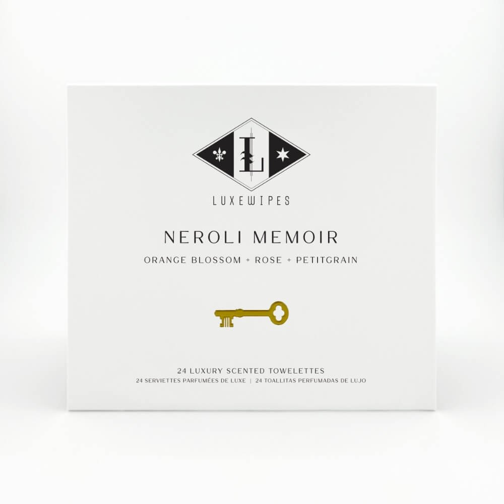 Neroli Memoir, Orange Blossom, Rose and Petitgrain, Luxewipes, Luxe Wipes, Luxury Towelettes, Luxury Wipes, Gift, Hostess Gift, Host Gift, Perfect Gift, Cotton, Biodegradable, Individually wrapped