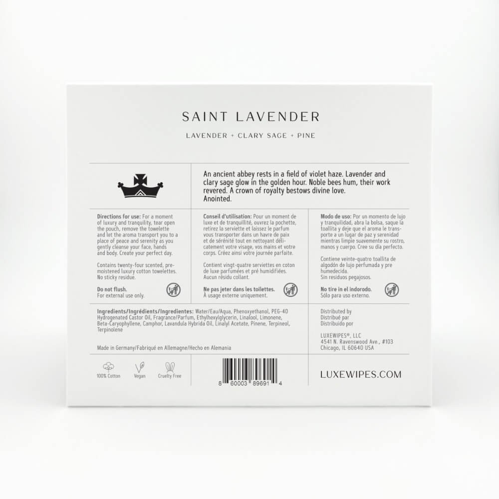 Saint Lavender, Lavender, Clary Sage and Pine, Luxewipes, Luxe Wipes, Luxury Towelettes, Luxury Wipes, Gift, Hostess Gift, Host Gift, Perfect Gift, Cotton, Biodegradable, Individually wrapped