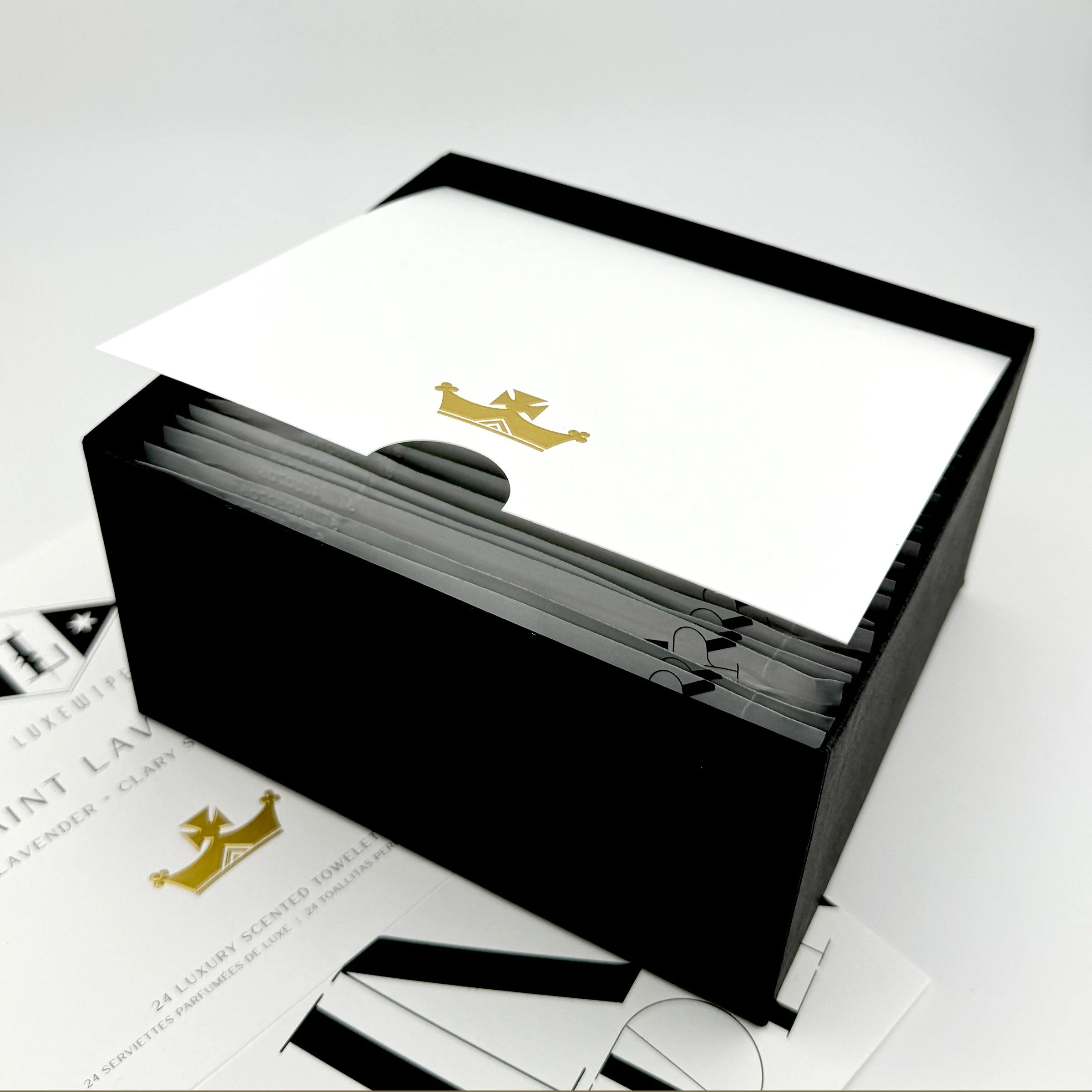 An open Saint Lavender box on the LUXEWIPES Fragrance Palette Trio page, highlighting the premium gold foil cardstock and custom message space for your curated three-box gift set.