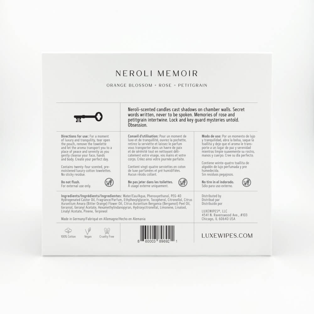 Neroli Memoir, Orange Blossom, Rose and Petitgrain, Luxewipes, Luxe Wipes, Luxury Towelettes, Luxury Wipes, Gift, Hostess Gift, Host Gift, Perfect Gift, Cotton, Biodegradable, Individually wrapped