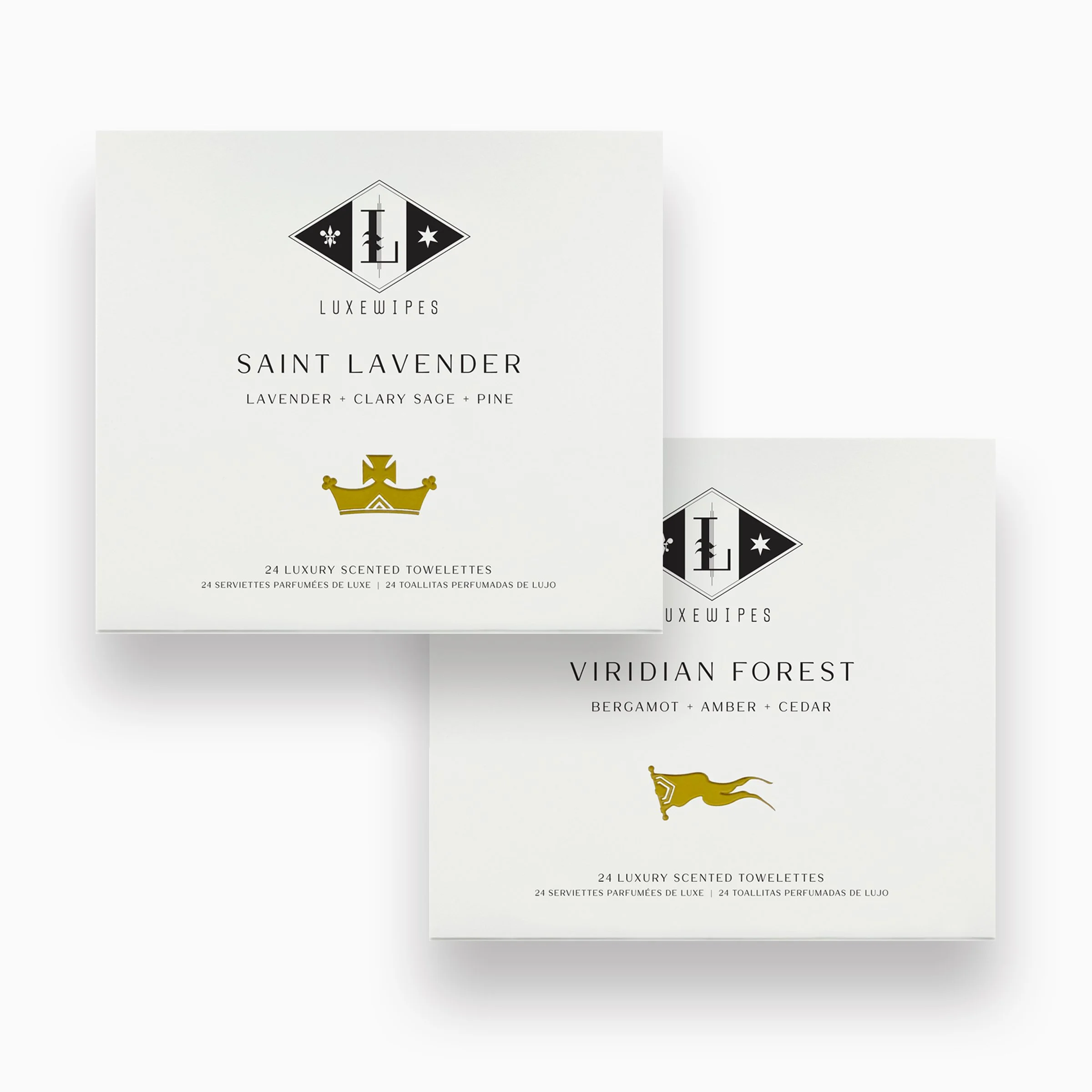 Front view of LUXEWIPES Saint Lavender box on top and Viridian Forest on bottom. Each box contains 24 individually wrapped oxford-woven cotton towelettes, letting you choose your perfect pairing.
