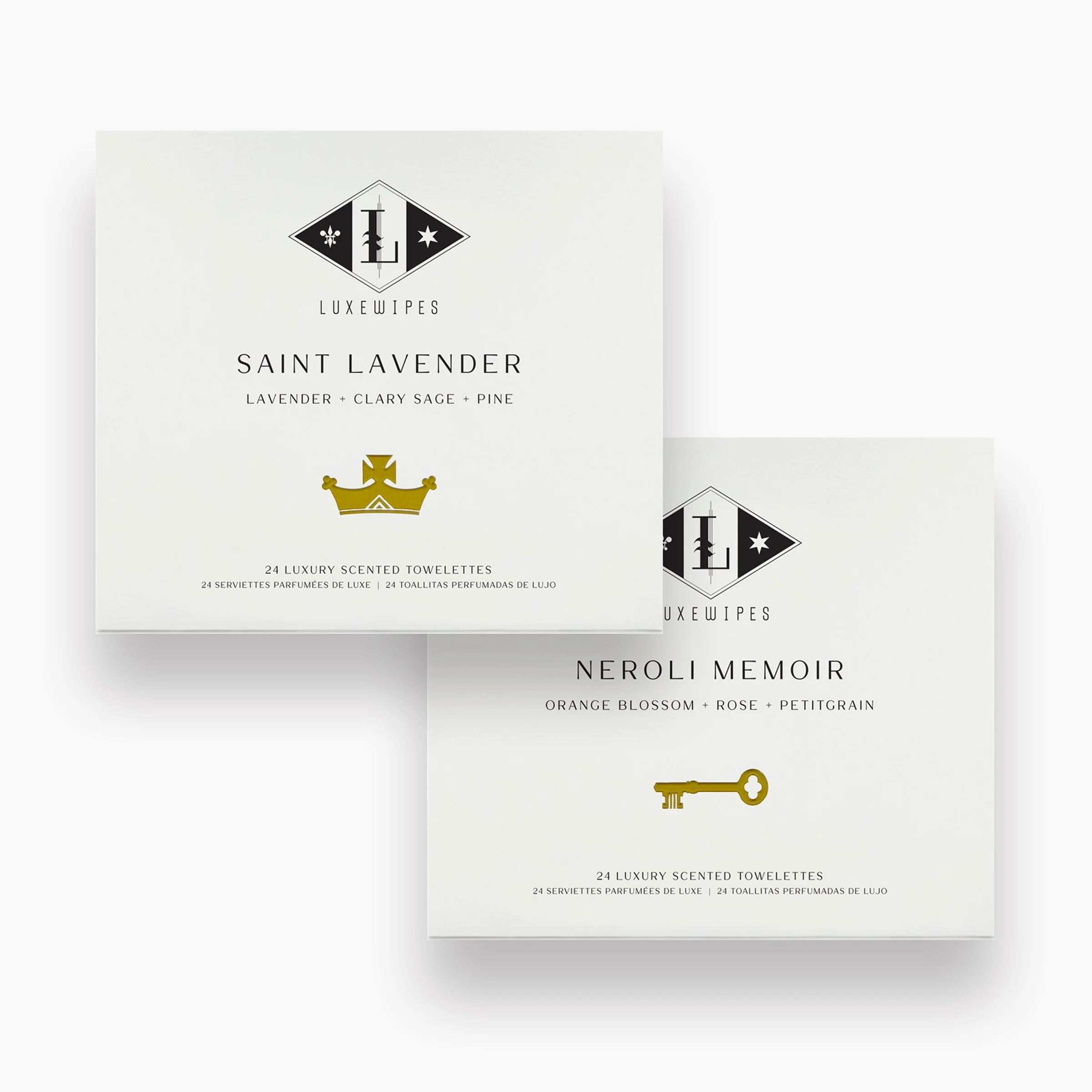 Front view of LUXEWIPES Saint Lavender box on top and Neroli Memoir on bottom. Each box contains 24 individually wrapped oxford-woven cotton wet wipes for a spa-like experience.