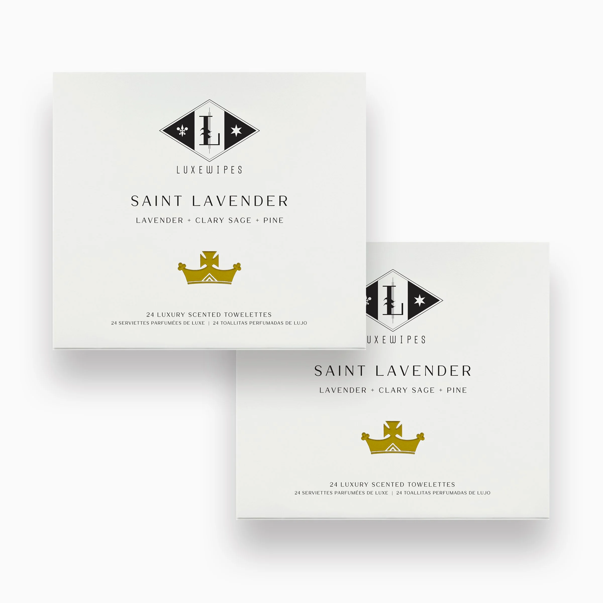 Front view of two LUXEWIPES Saint Lavender boxes stacked vertically, each with 24 individually wrapped oxford-woven cotton wet wipes. Exquisite fragrance and elevated self-care.