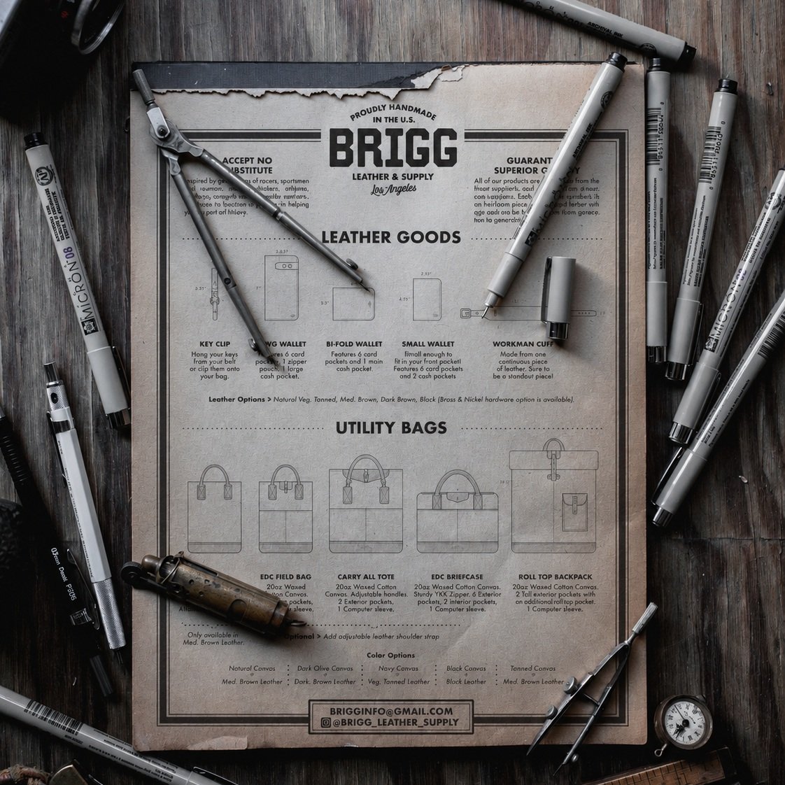 From the Brigg archives.

Early Brigg line sheet. Long before every detail was refined, the idea was already there: make honest goods with good materials, built for years of use.

The designs have evolved, but the work remains rooted in the same purp