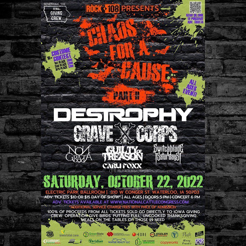 The countdown to chaos begins&hellip; NOW! 🎃

On Saturday, October 22nd, chaos will be unleashed as we raise money for the @iowagivingcrew !

@rock_108rocks Presents:
Chaos For A Cause: Part II

Saturday 10/22/2022
Electric Park Ballroom 
310 W Cong