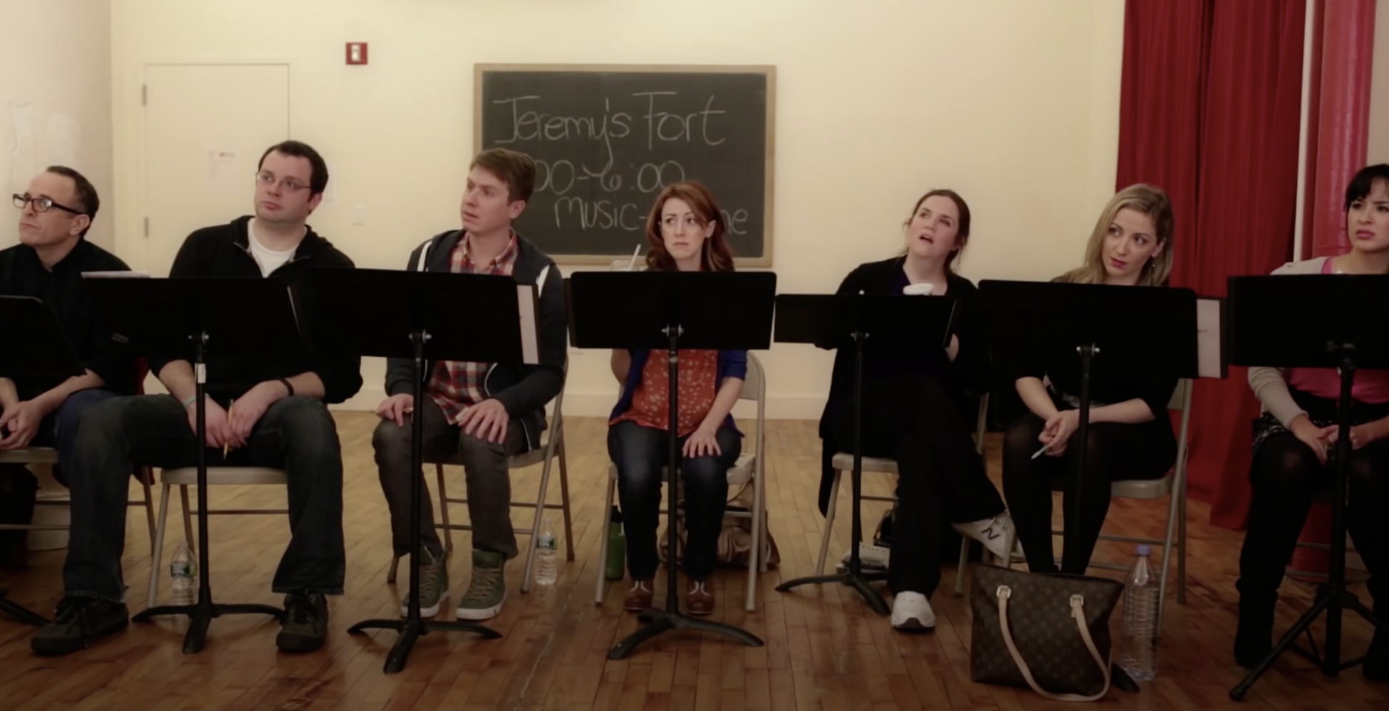 The cast of Submissions Only rehearses music from “Jeremy’s Fort.”