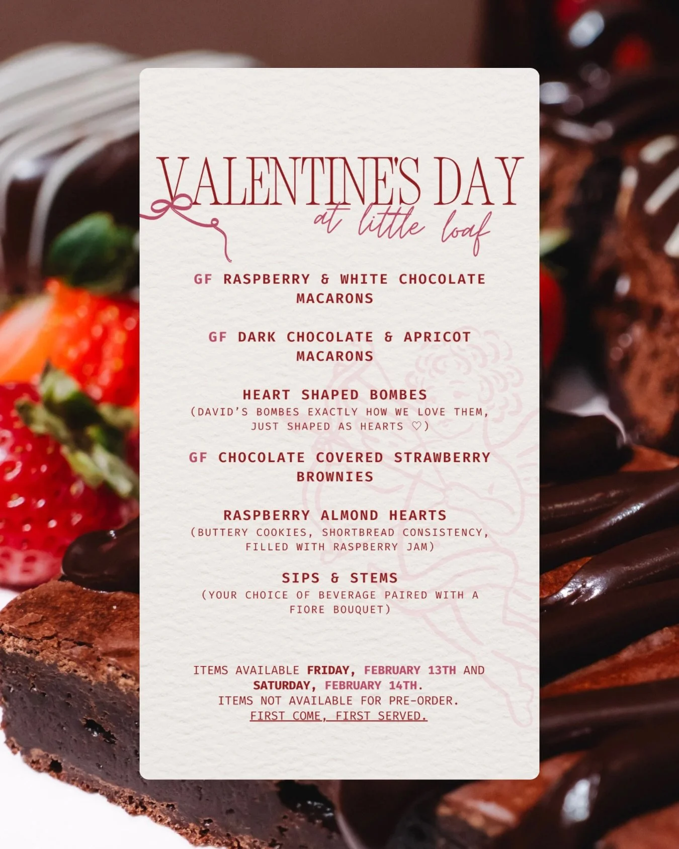 Here it is! ❤️

Come by Friday and Saturday to snag some treats for your Valentine (or yourself, lets be real). All items are first come, first served and will be available until sell out.