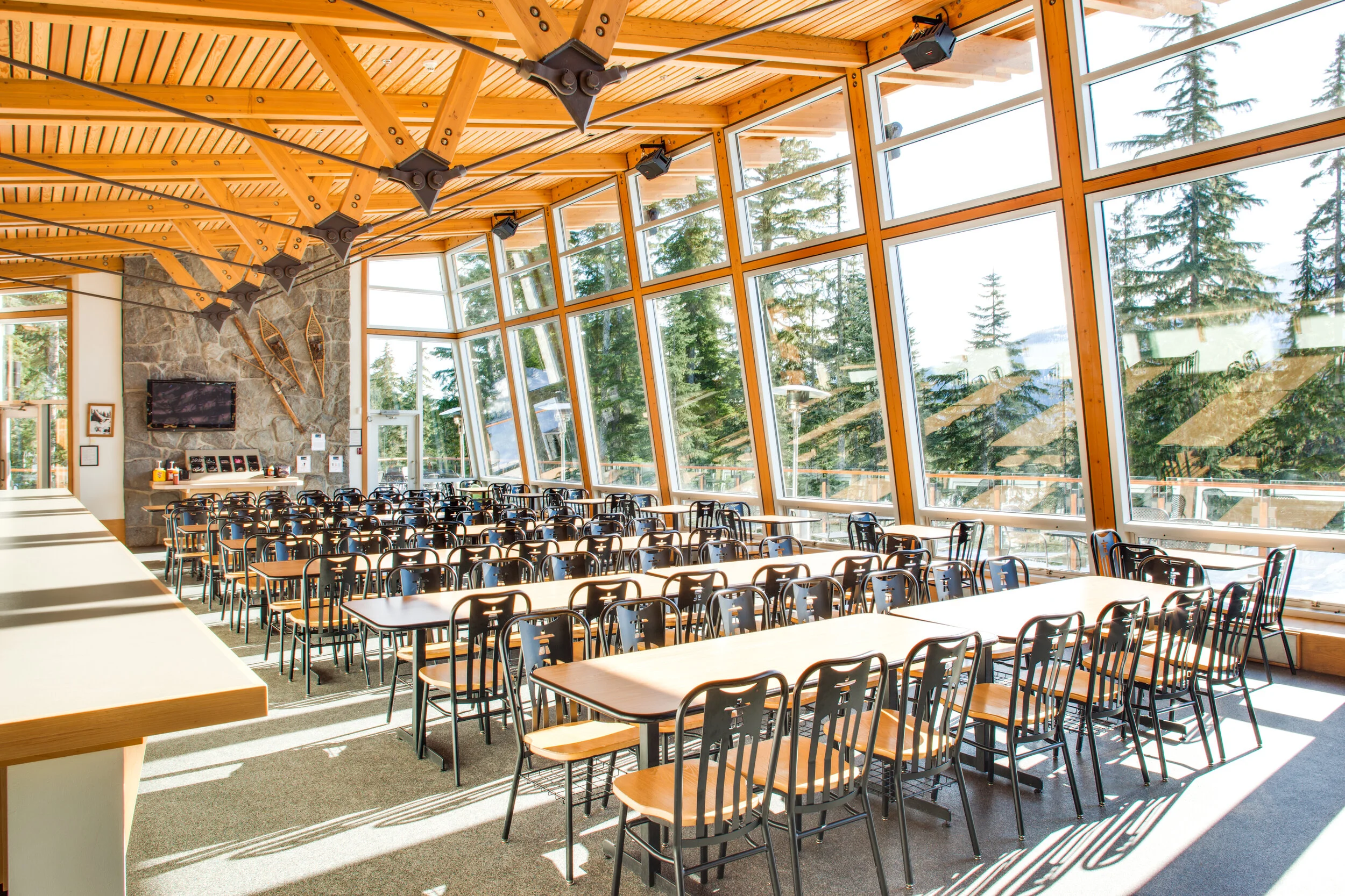Whistler Olympic Park Daylodge: View to Dining Hall. Design Concept: Gregory Borowski at Merrick Architecture for VANOC. Photo: Barry Calhoun 2015