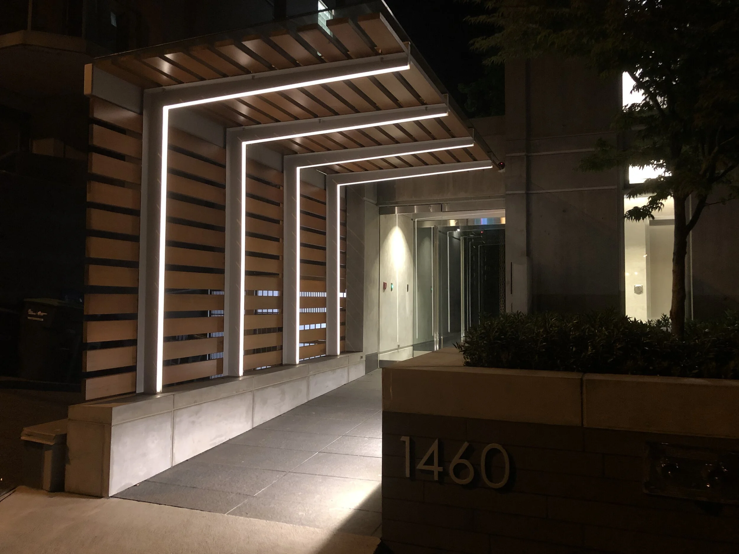 Eventide: Night View to Entrance Canopy. Design Concept: Gregory Borowski with Gina Lyons + Colin Merriam at Merrick Architecture for Deecorp. Photo: Gregory Borowski 2020