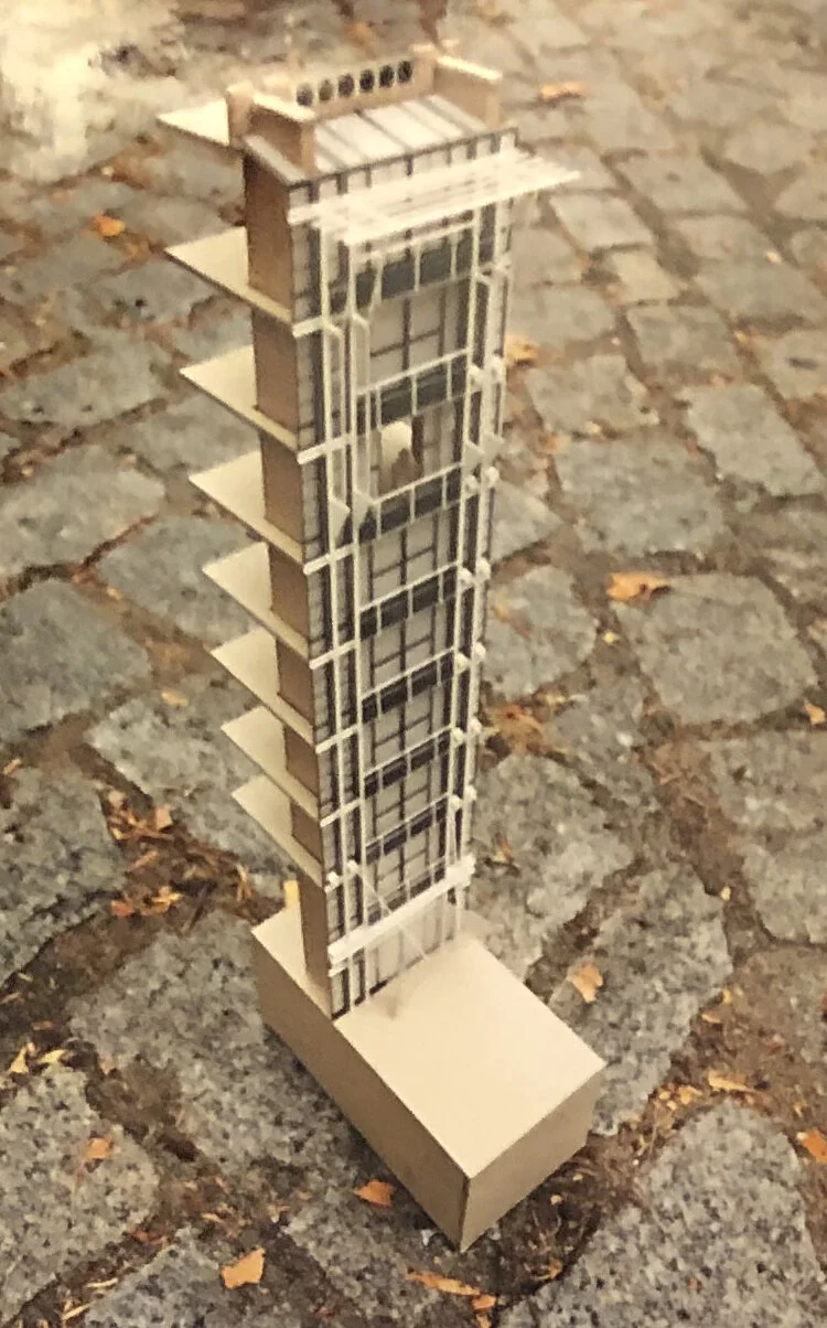 55 Water Street: View to Model and Detail Model + Section. Design Concept: Gregory Borowski with Paul Merrick at Merrick Architecture. Models: B+B Scale Models. Section: Gregory Borowski 1997