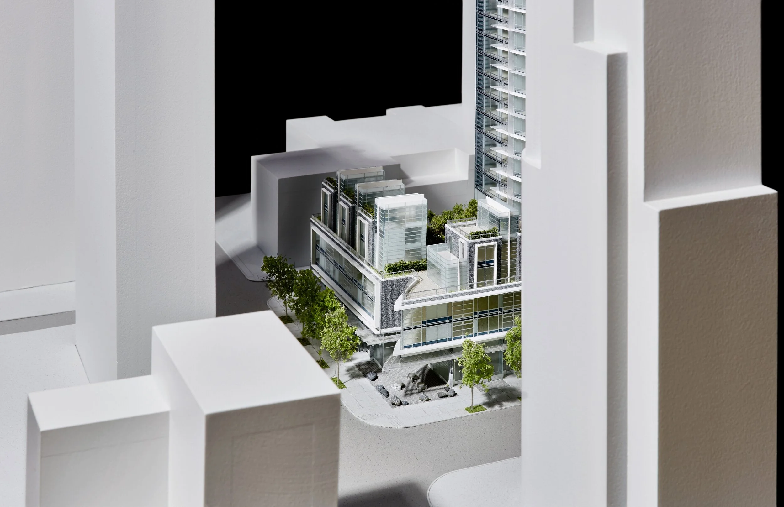 Tate Downtown: Model Aerial View to Corner of Howe + Drake. Design Concept: Gregory Borowski at Merrick Architecture for Bonds Group. Model: AB Scale Models. Photo: Sunny Jhooty 2017