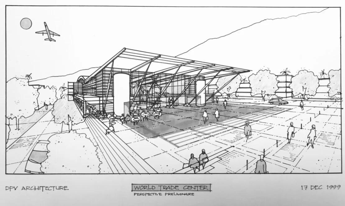 World Trade Centre Réunion: View East to Airport. Design Concept: Frédéric Pierrot. Executive Design: Gregory Borowski at DPV Architecture, Paris. Perspective Sketch: Gregory Borowski 2000