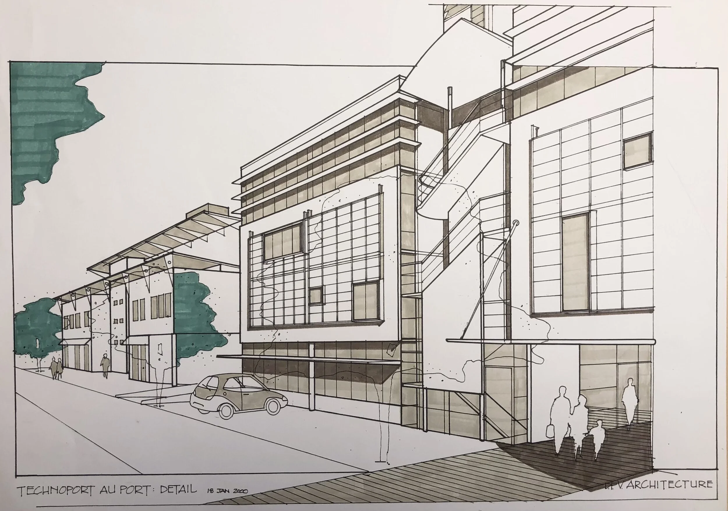 Technoport Réunion: Perspective. Design Concept: Gregory Borowski at DPV Architecture. Drawing: Gregory Borowski 2000