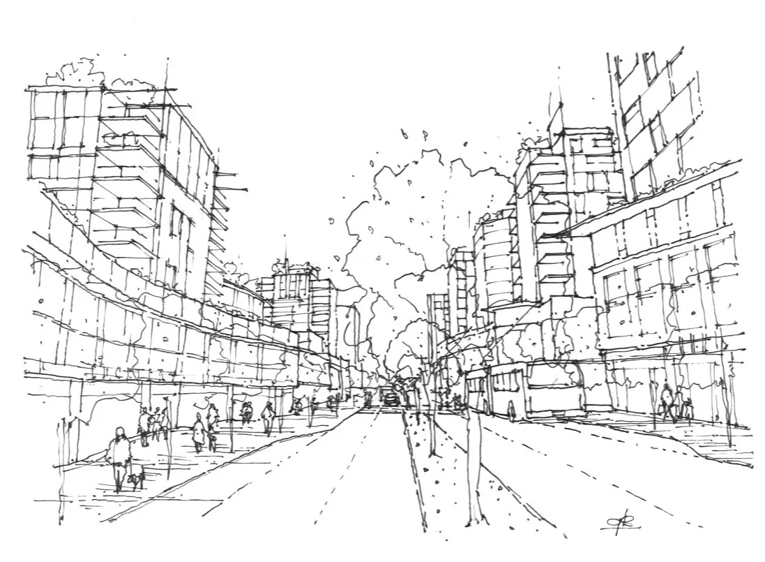 41 + Dunbar Masterplan: Perspective View W. Design Concept: Gregory Borowski at Merrick Architecture for Gryphon. Perspective: Gregory Borowski 2020