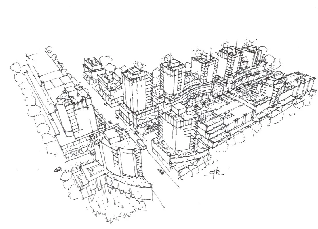 41 + Dunbar Masterplan. Aerial Perspective from SW. Design Concept: Gregory Borowski at Merrick Architecture. Perspective: Gregory Borowski 2020