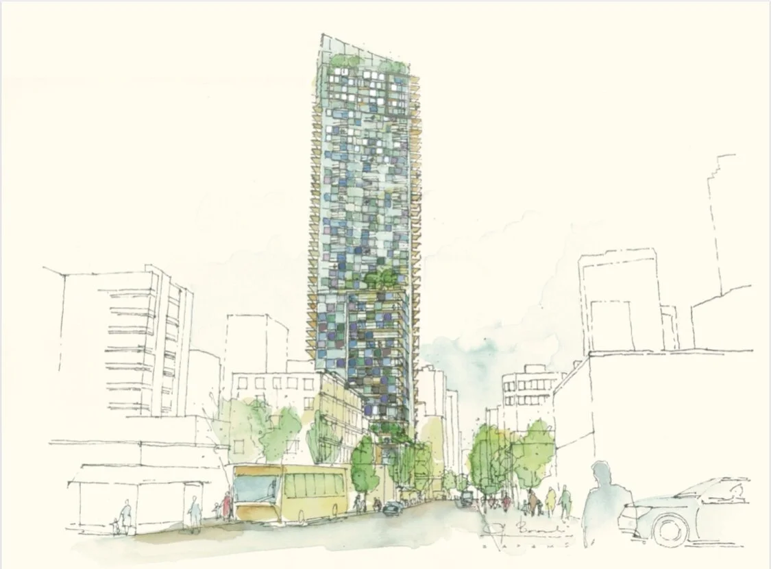 1157 Burrard St: View E along Davie St. Design Concept: Gregory Borowski at Merrick Architecture for Prima. Perspective: Gregory Borowski. Watercolour: Bette Adams 2018