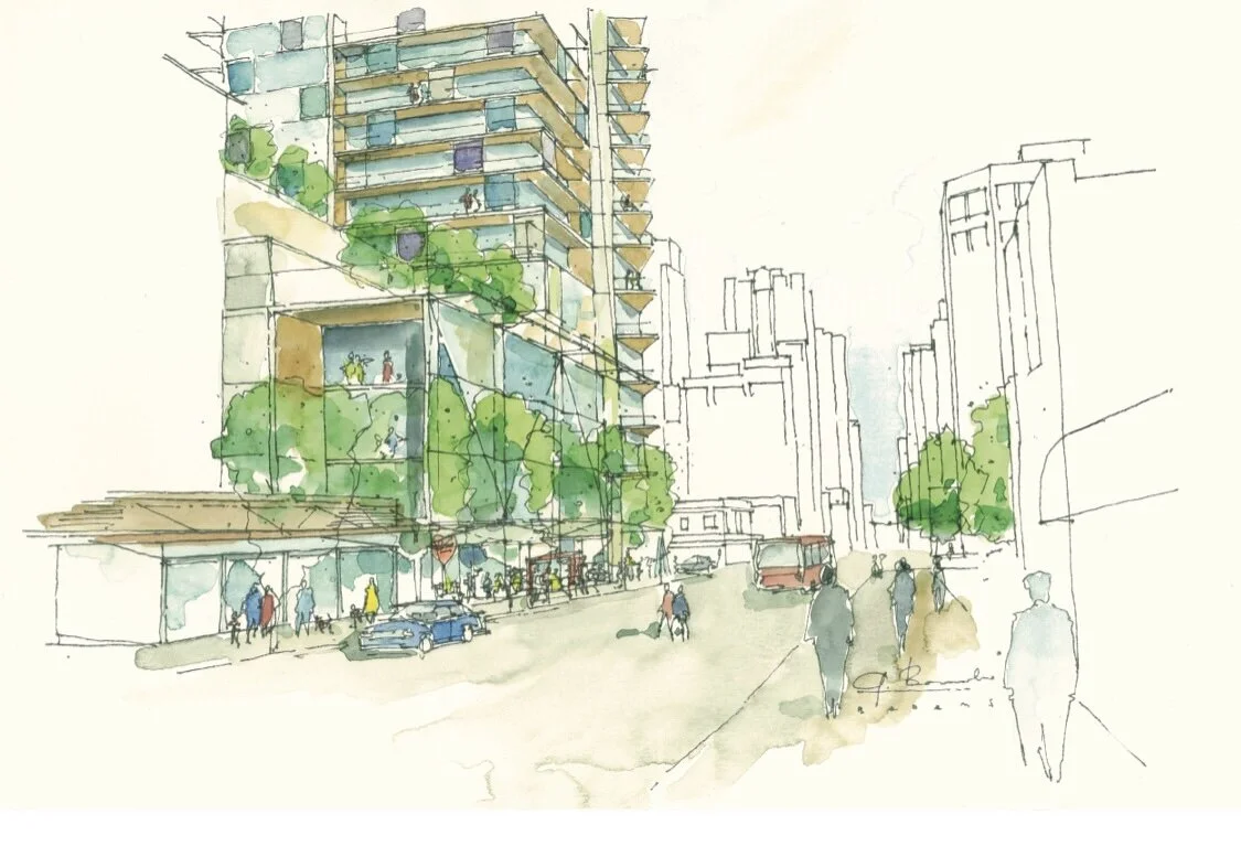 1157 Burrard: View E from Davie St. Design Concept: Gregory Borowski at Merrick Architecture for Prima. Perspective: Gregory Borowski. Watercolour: Bette Adams: 2018