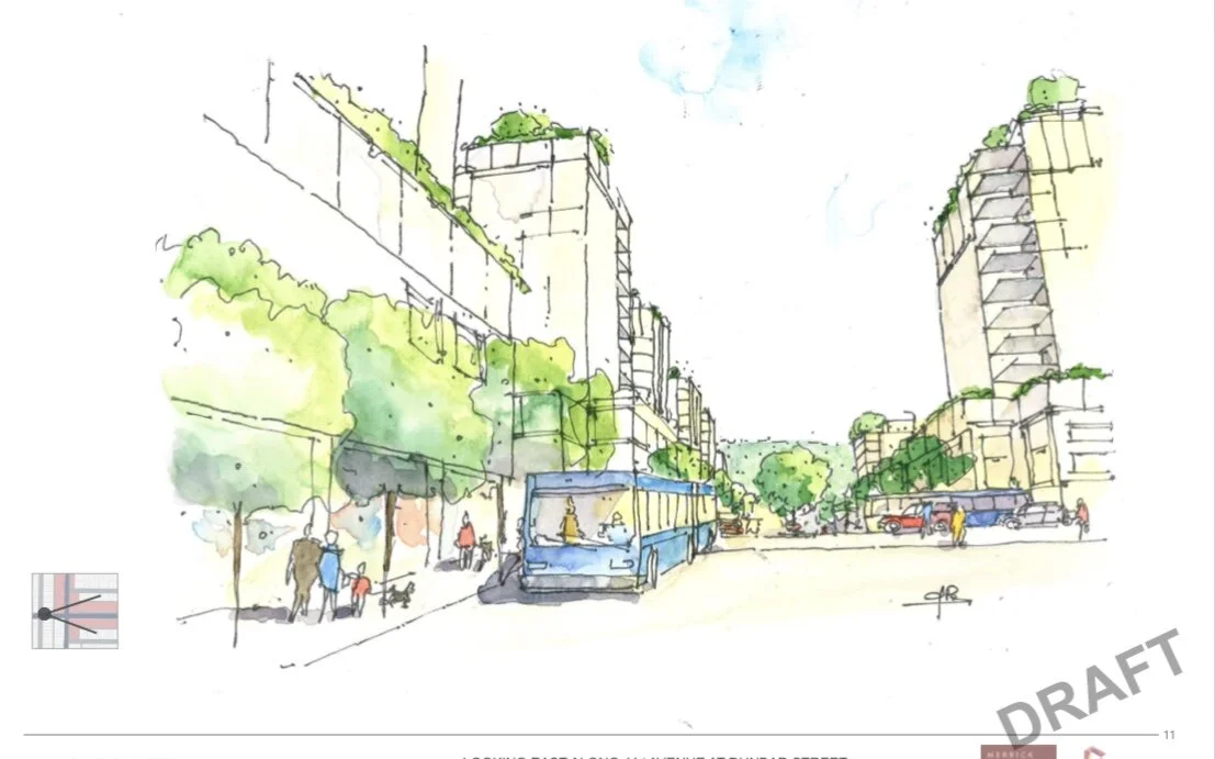 41 + Dunbar Masterplan: Perspective Looking E. Design Concept: Gregory Borowski at Merrick Architecture for Gryphon. Perspective Sketch: Gregory Borowski. Watercolour: Bette Adams 2020
