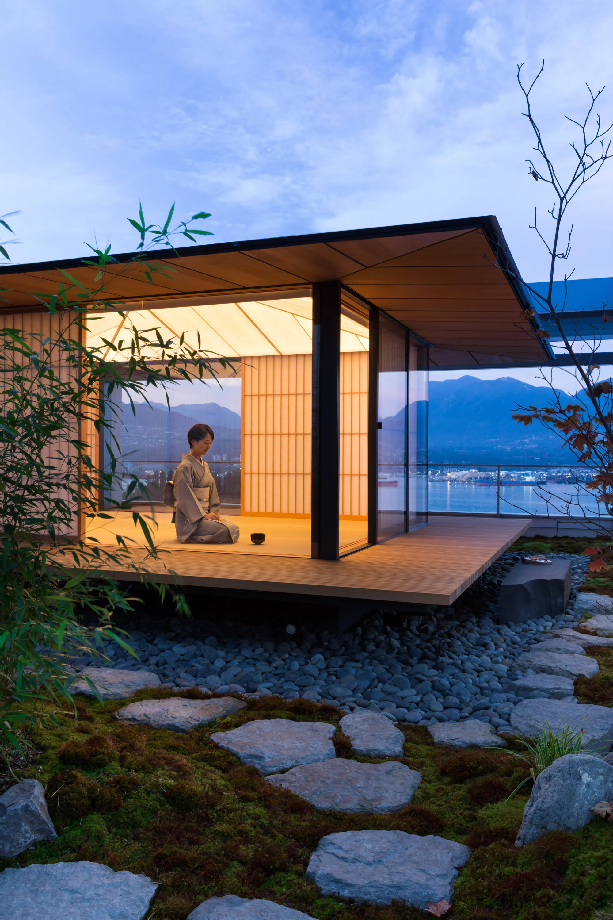 Shaw Tower Teahouse: View to Tea Ceremony. Design Concept: Kengo Kuma Architects. Executive Architect: Gregory Borowski at Merrick Architecture for Westbank Projects. Photo: Ema Peter: 2016