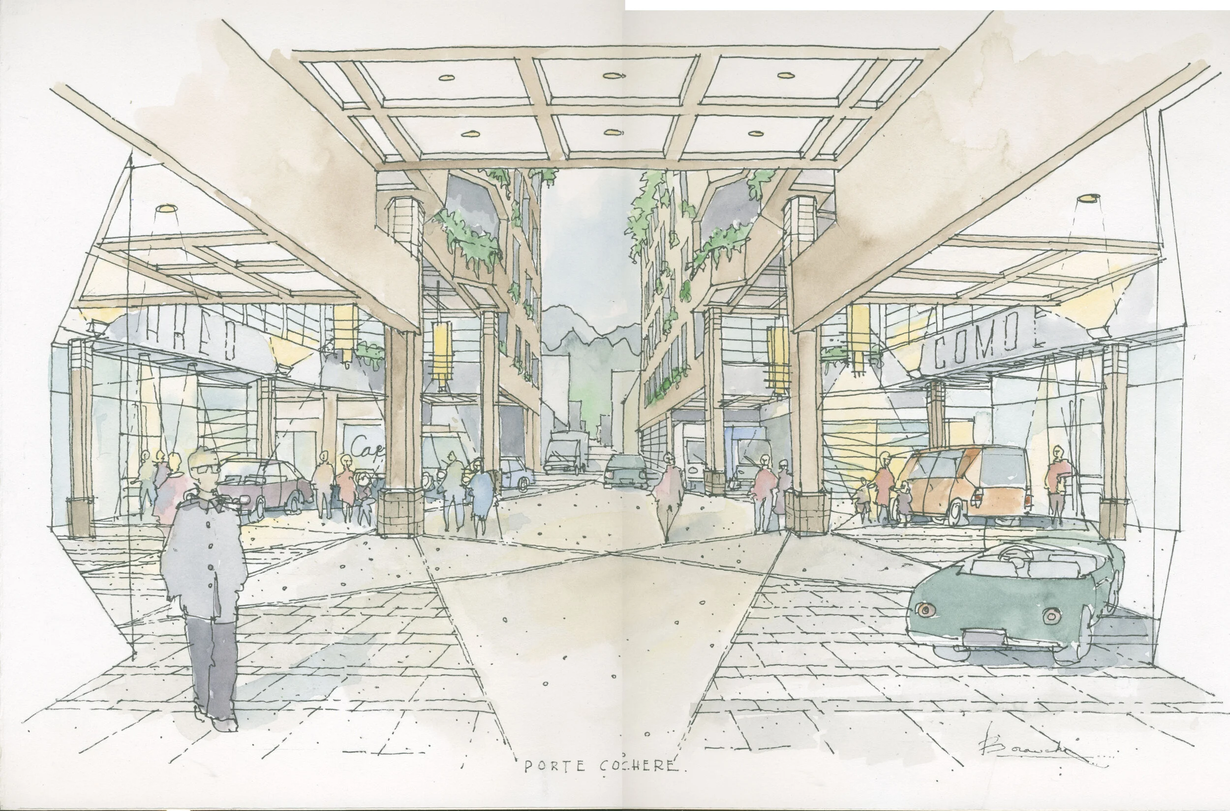 Symphony Place: View to Porte Cochere. Design Concept: Paul Merrick. Executive Design: Gregory Borowski at Merrick Architecture. Perspective: Gregory Borowski. Watercolour: Bette Adams 2009