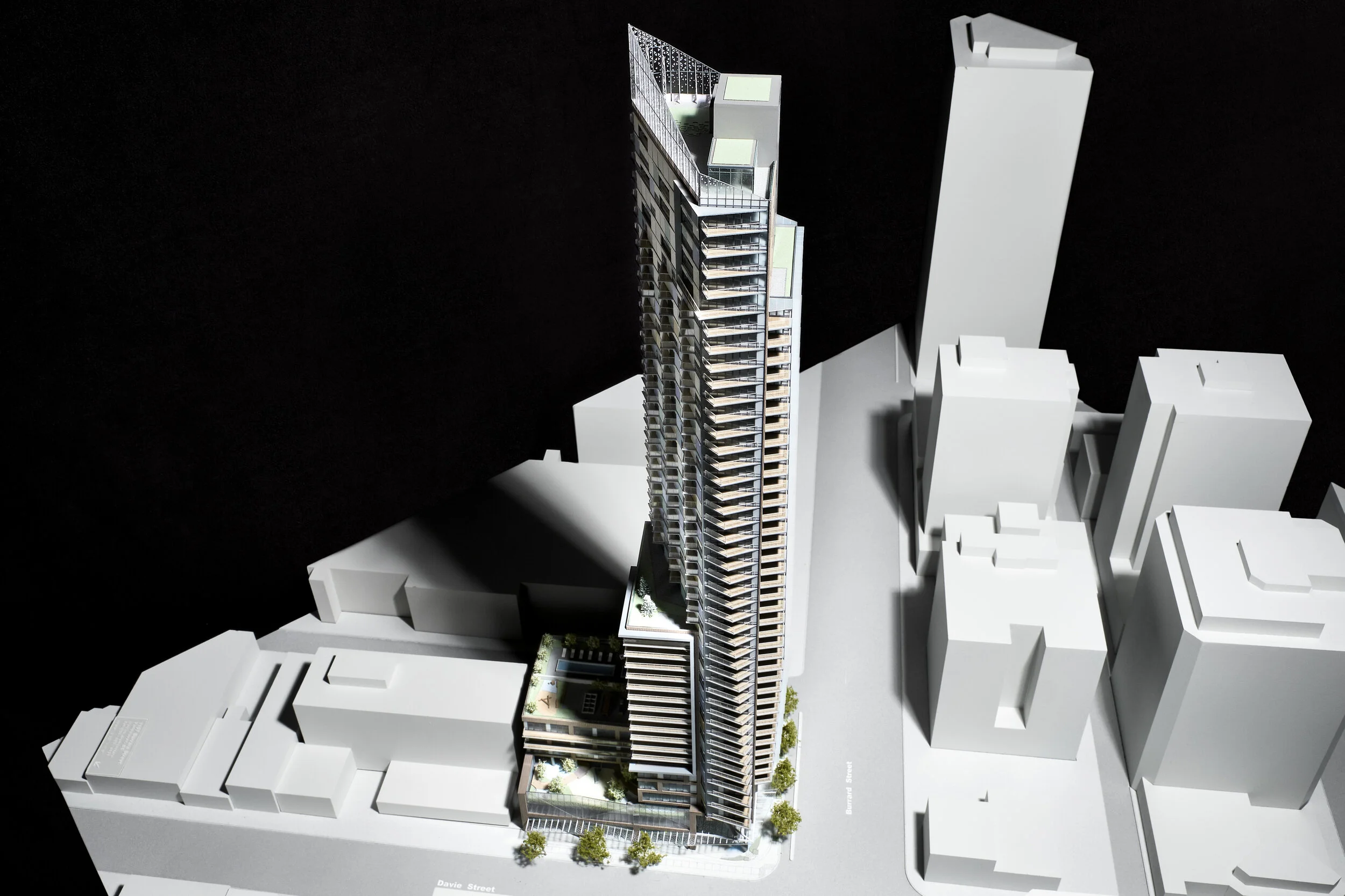 1157 Burrard: South Model View from above. Design Concept: Gregory Borowski at Merrick Architecture for Prima Properties. Photo: Sunny Jhooty 2019