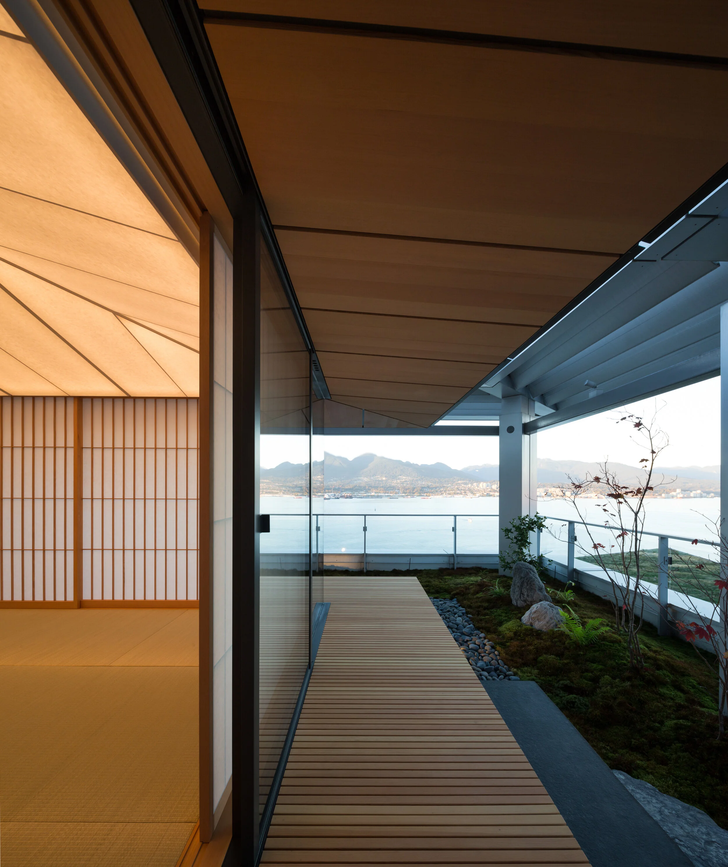Shaw Tower Teahouse: View to Eaves. Design Concept: Kengo Kuma Architects. Executive Architect at Merrick Architecture for Westbank Projects. Photo: Ema Peter 2016