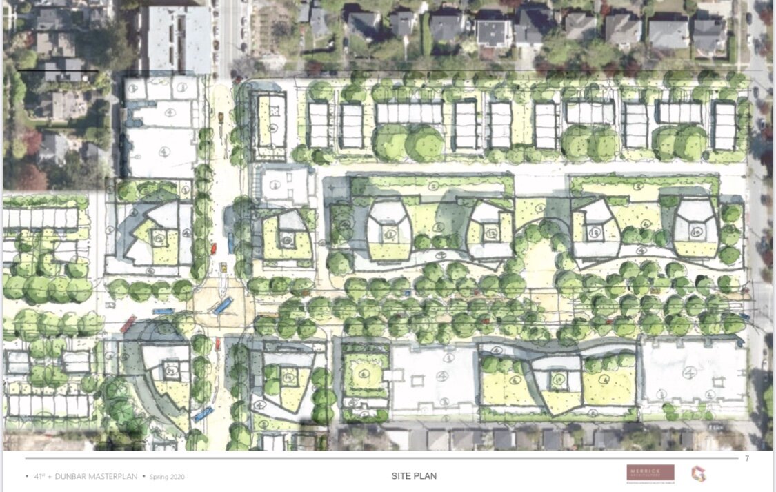 41 + Dunbar Masterplan: Site Plan. Design Concept: Gregory Borowski at Merrick Architecture. Plan: Gregory Borowski. Watercolour: Bette Adams 2020