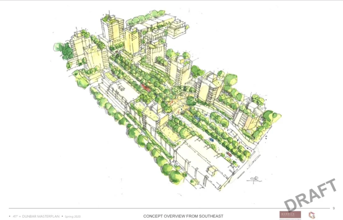 41 + Dunbar Masterplan: Aerial Perspective from SE. Design Concept: Gregory Borowski at Merrick Architecture for Gryphon. Perspective: Gregory Borowski. Watercolour: Bette Adams 2020
