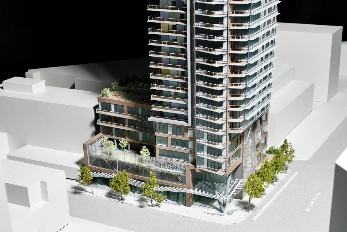 1157 Burrard: Model Aerial View to Corner of Burrard + Davie. Design Concept: Gregory Borowski at Merrick Architecture for Prima. Model: AB Scale Models. Photo: Sunny Jhooty 2019