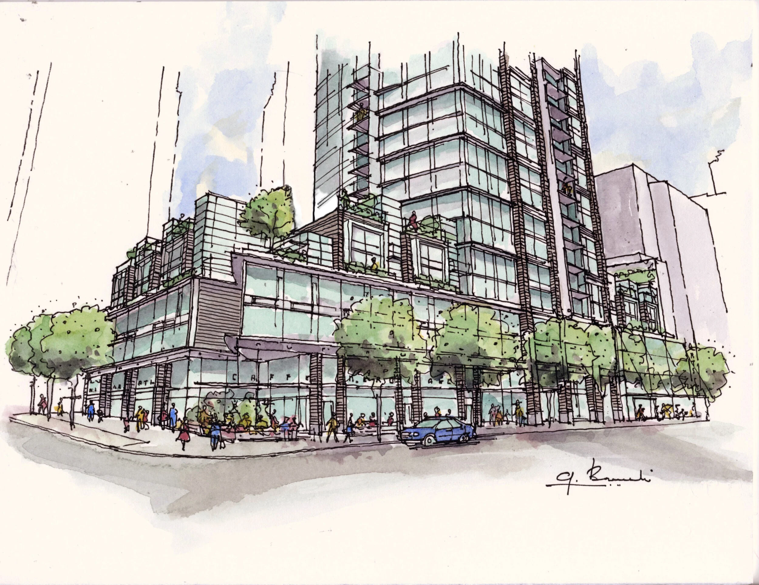 Tate Downtown: View to Corner of Howe + Drake. Design Concept: Gregory Borowski at Merrick Architecture for Bonds Group. Perspective Sketch: Gregory Borowski. Watercolour: Bette Adams 2012