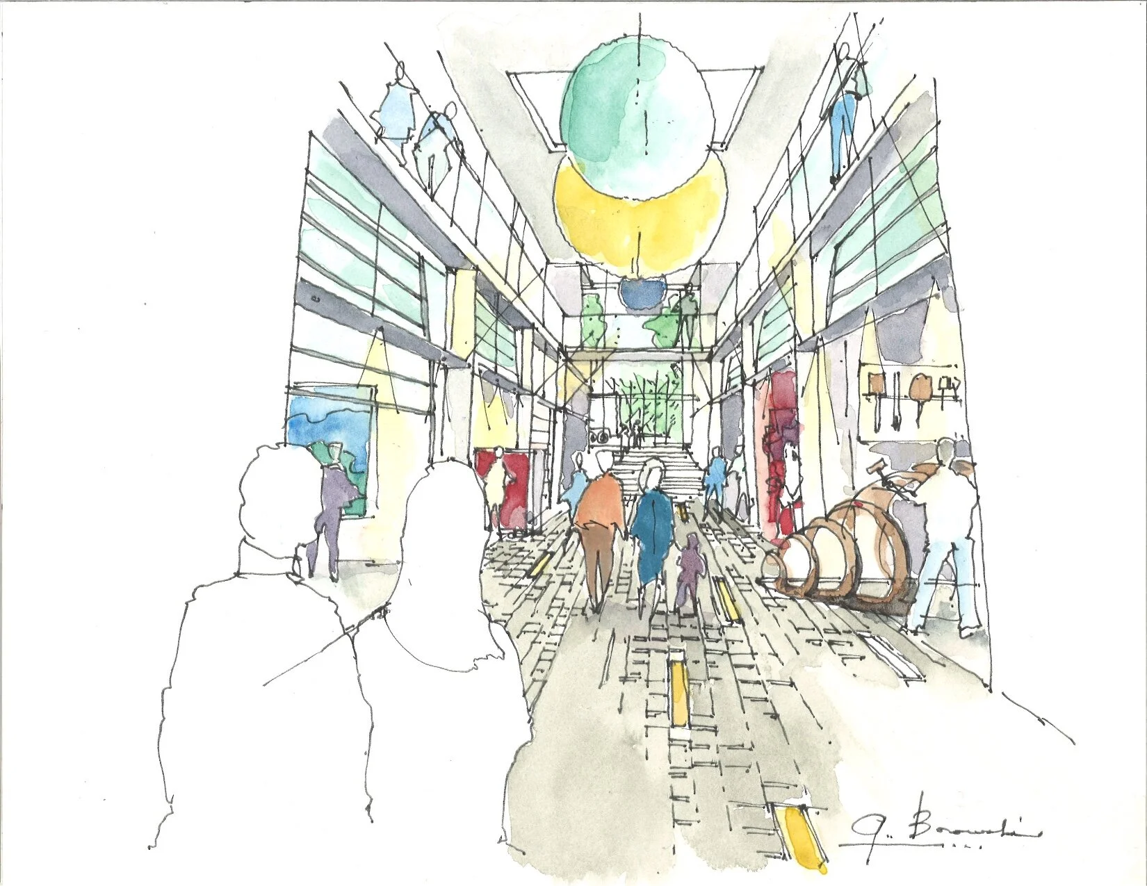 Howe Street Studios: View to Atrium. Design Concept: Gregory Borowski at Merrick Architecture for Bonds Group on behalf of City of Vancouver. Perspective: Gregory Borowski. Watercolour: Bette Adams 2012