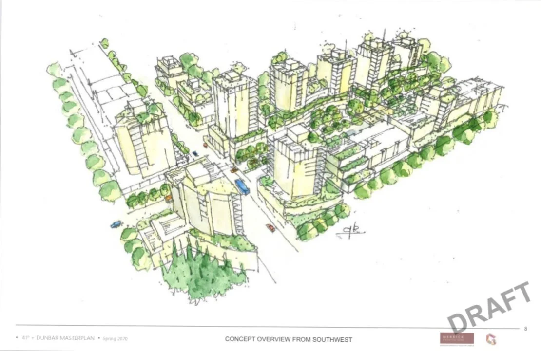 41 + Dunbar Masterplan: Aerial Perspective from SW. Design Concept: Gregory Borowski at Merrick Architecture for Gryphon. Perspective: Gregory Borowski. Watercolour: Bette Adams 2020