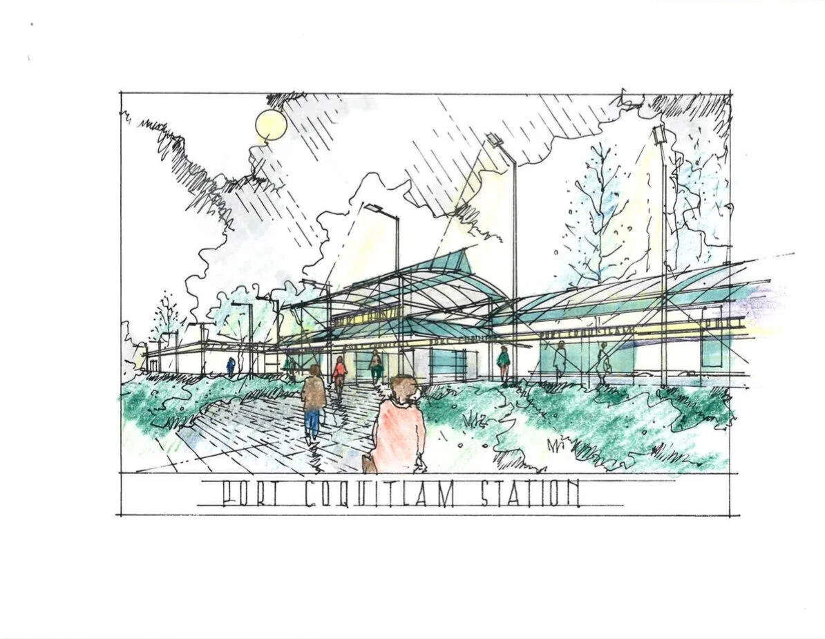 Westcoast Express Port Coquitlam Station. Design Concept: Paul Merrick. Executive Design: Gregory Borowski at Merrick Architecture. Colour Sketch: Gregory Borowski 1997