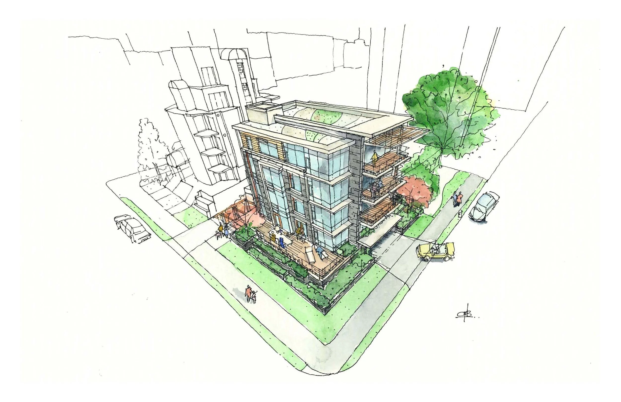 Eventide: View from Beach Avenue. Design Concept: Gregory Borowski w/Gina Lyons + Colin Merriam at Merrick Architecture for Deecorp. Perspective: Gregory Borowski. Watercolour: Bette Adams 2014