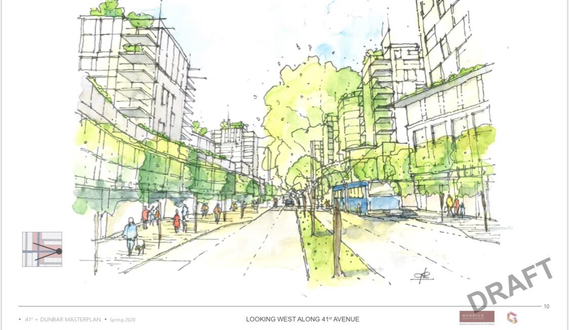 41 + Dunbar Masterplan: Perspective looking West. Design Concept: Gregory Borowski at Merrick Architecture for Gryphon. Perspective Sketch: Gregory Borowski. Watercolour: Bette Adams 2020